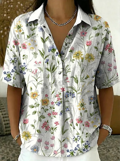 Women's vintage floral pattern art print casual cotton and linen shirt