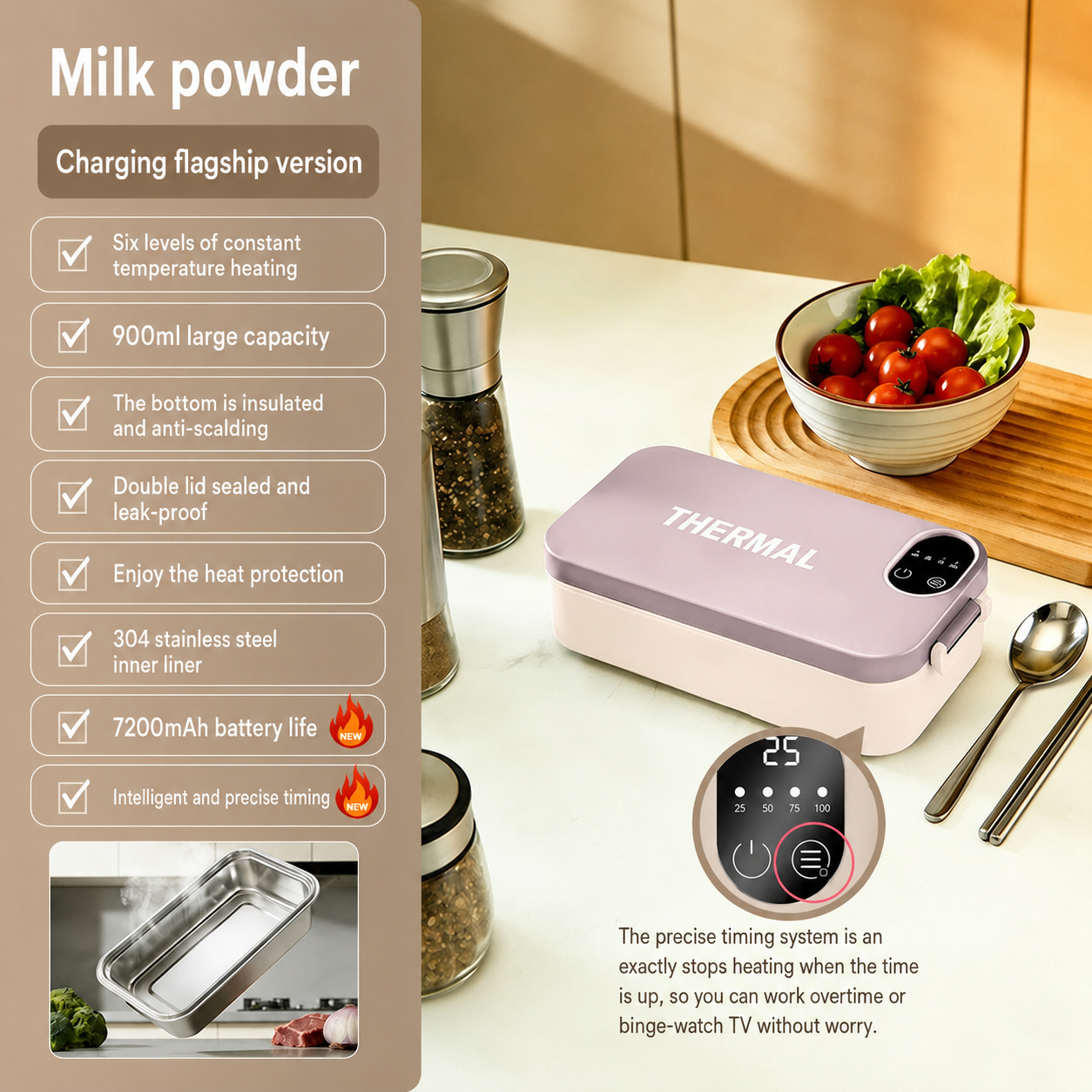✨ Portable Electric Lunch Box – Self-Heating, 7200mAh, 304 Stainless Steel 🔋