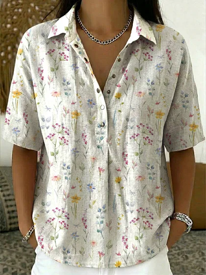 Women's vintage floral pattern art print casual cotton and linen shirt