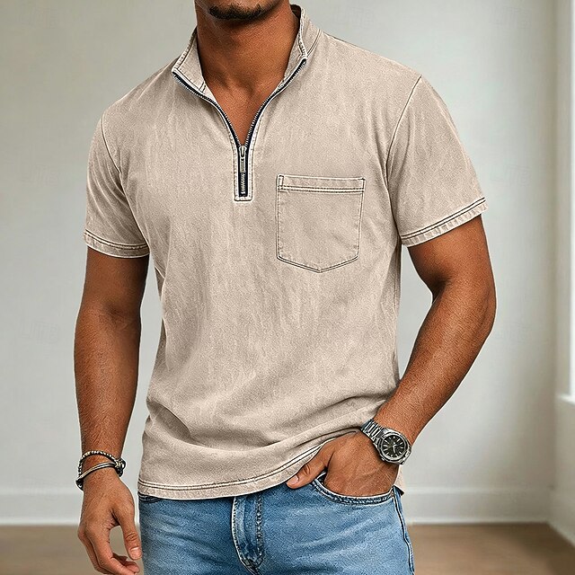 Men's T Shirt 100% Cotton Acid Wash Shirt Short Sleeve Quarter Zip Summer Spring Fall Plain Retro Vintage Casual Vintage Style Washed Casual Black Light Blue Purple Top Tee for Men