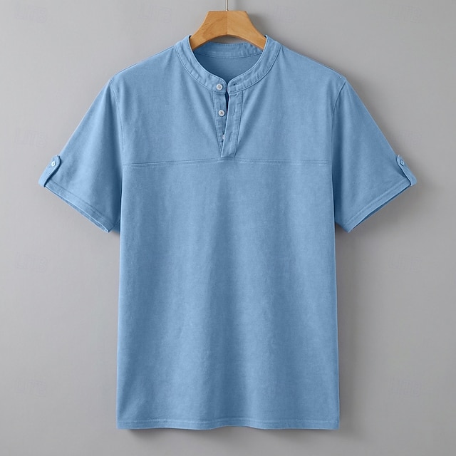 Men's Henley Shirt 100% Cotton Acid Wash Shirt Short Sleeve Henley Summer Spring Fall Plain Retro Vintage Casual Vintage Style Washed Casual Light Blue Dark Brown Black Top Tee for Men