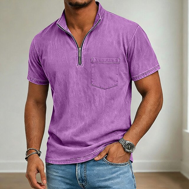 Men's T Shirt 100% Cotton Acid Wash Shirt Short Sleeve Quarter Zip Summer Spring Fall Plain Retro Vintage Casual Vintage Style Washed Casual Black Light Blue Purple Top Tee for Men
