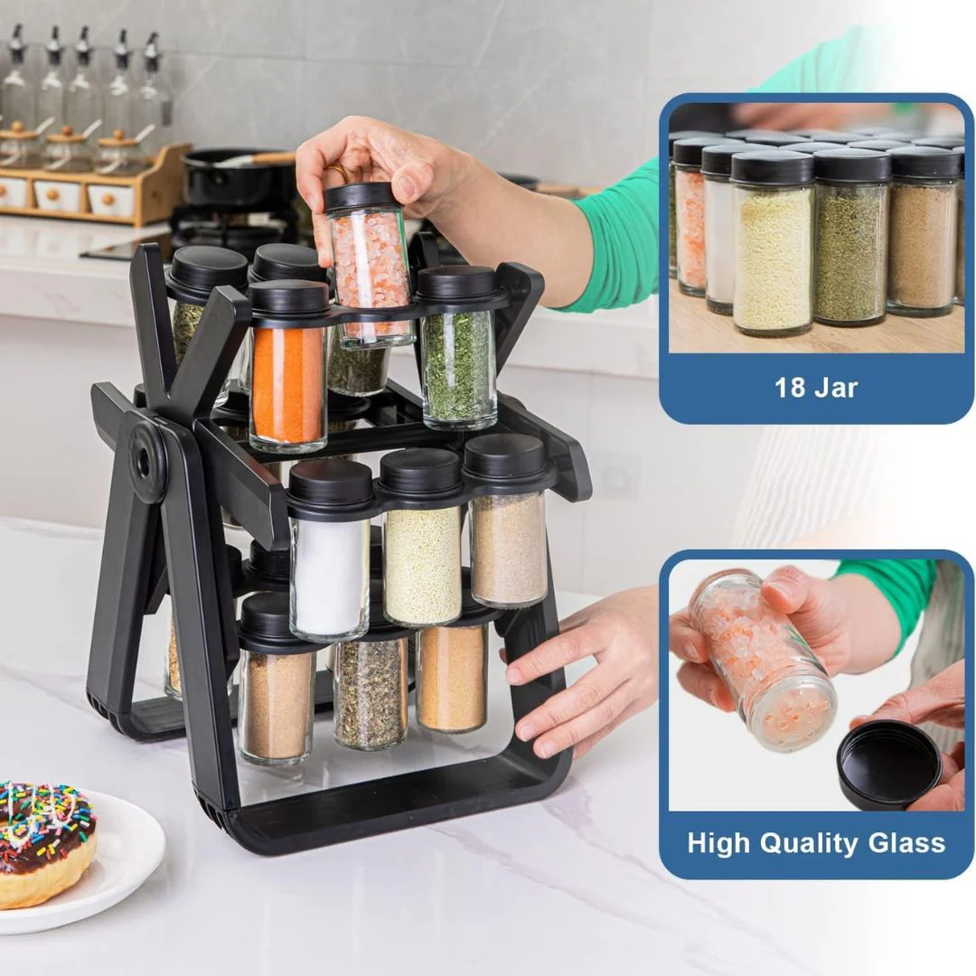 Hot sale rotating spice rack with 18 pieces glass spice jars