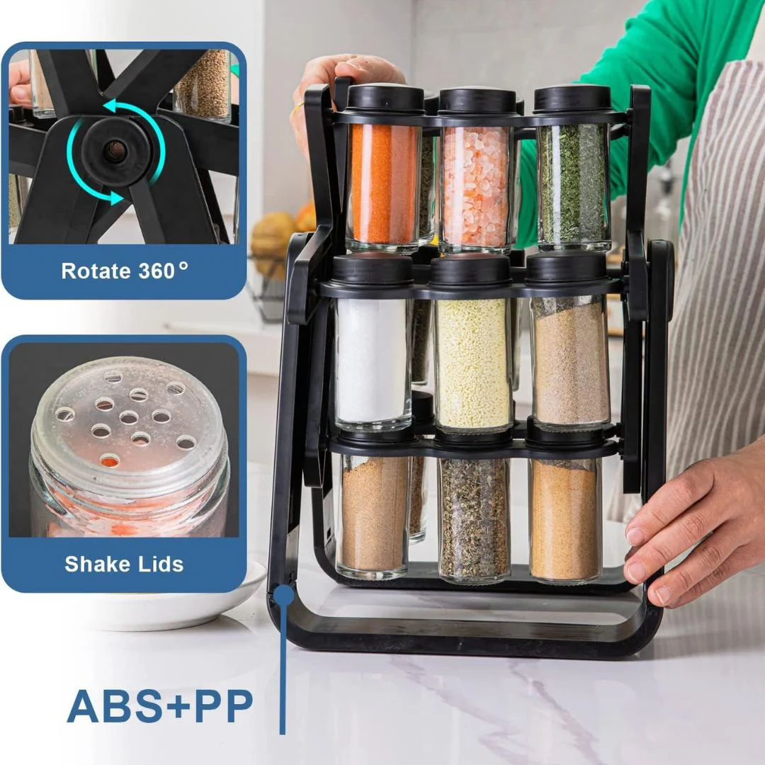 Hot sale rotating spice rack with 18 pieces glass spice jars