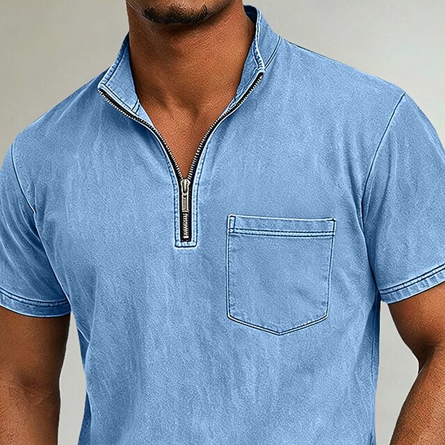 Men's T Shirt 100% Cotton Acid Wash Shirt Short Sleeve Quarter Zip Summer Spring Fall Plain Retro Vintage Casual Vintage Style Washed Casual Black Light Blue Purple Top Tee for Men