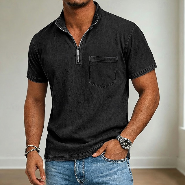Men's T Shirt 100% Cotton Acid Wash Shirt Short Sleeve Quarter Zip Summer Spring Fall Plain Retro Vintage Casual Vintage Style Washed Casual Black Light Blue Purple Top Tee for Men