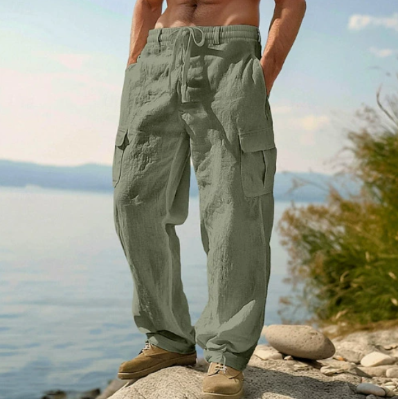 Men's Linen Pants Trousers Summer Pants Drawstring Elastic Waist Strai