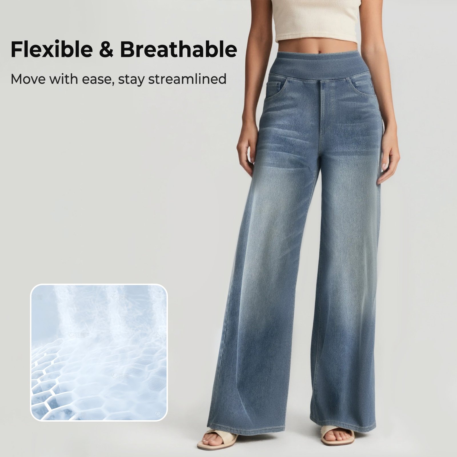 🔥Last Day 60% OFF🔥Women's High-Waisted Washed Baggy Wide-Leg Stretchy Knit Jeans with Multiple Pockets – Comfortable Casual Denim
