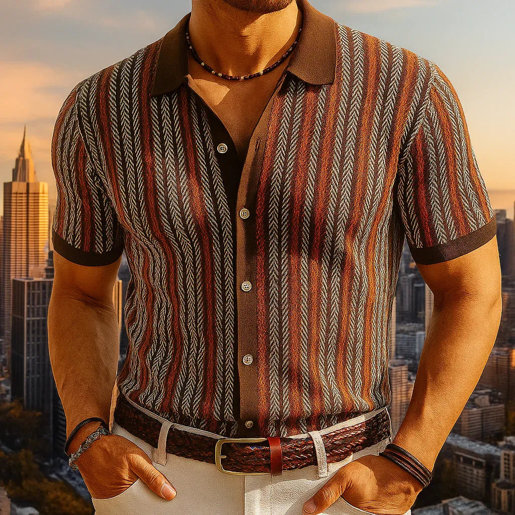 Men’s Striped Button-Front Knit Polo Shirt