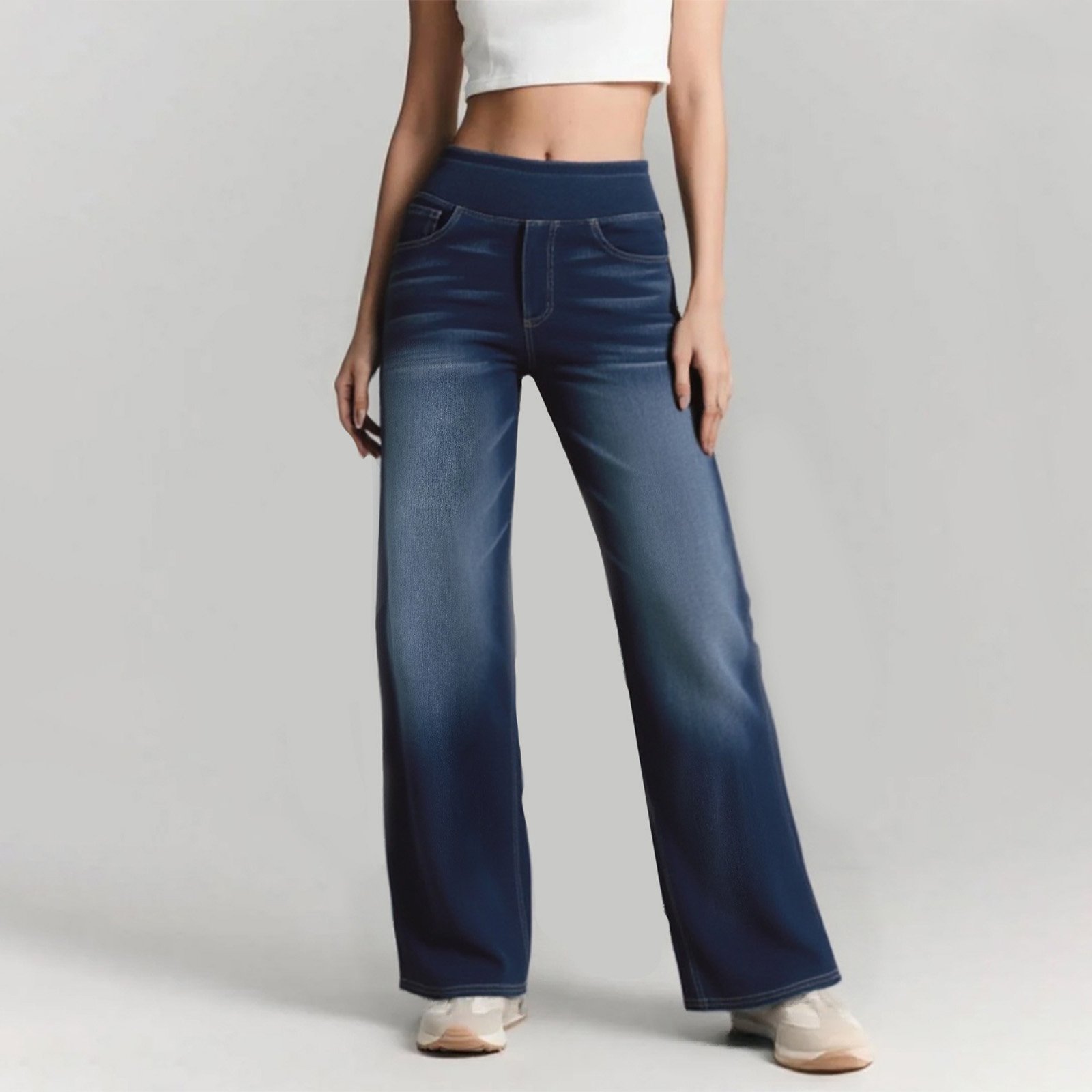 🔥Last Day 60% OFF🔥Women's High-Waisted Washed Baggy Wide-Leg Stretchy Knit Jeans with Multiple Pockets – Comfortable Casual Denim