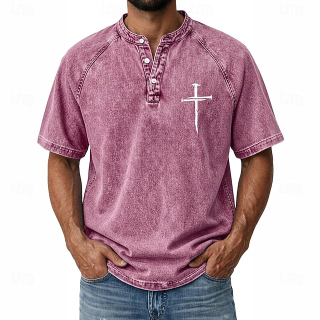 Men's Cross Demin Shirt 100% Cotton Acid Wash Shirt Henley Top Short Sleeve Vintage Casual Distressed Casual Home Street Spring & Summer Fall & Winter Summer Black Pink Light Green Gray Light Blue