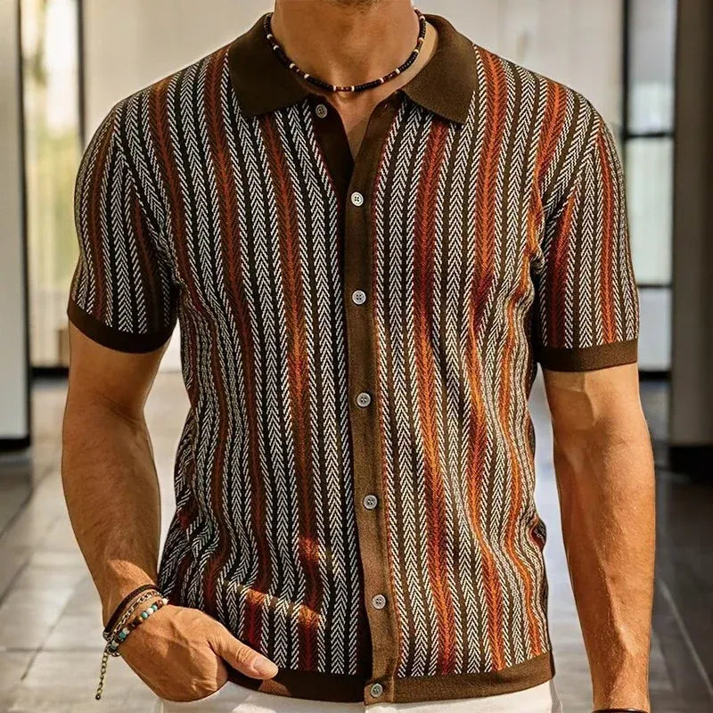 Men’s Striped Button-Front Knit Polo Shirt
