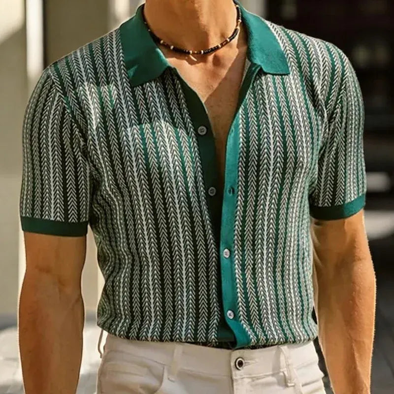 Men’s Striped Button-Front Knit Polo Shirt