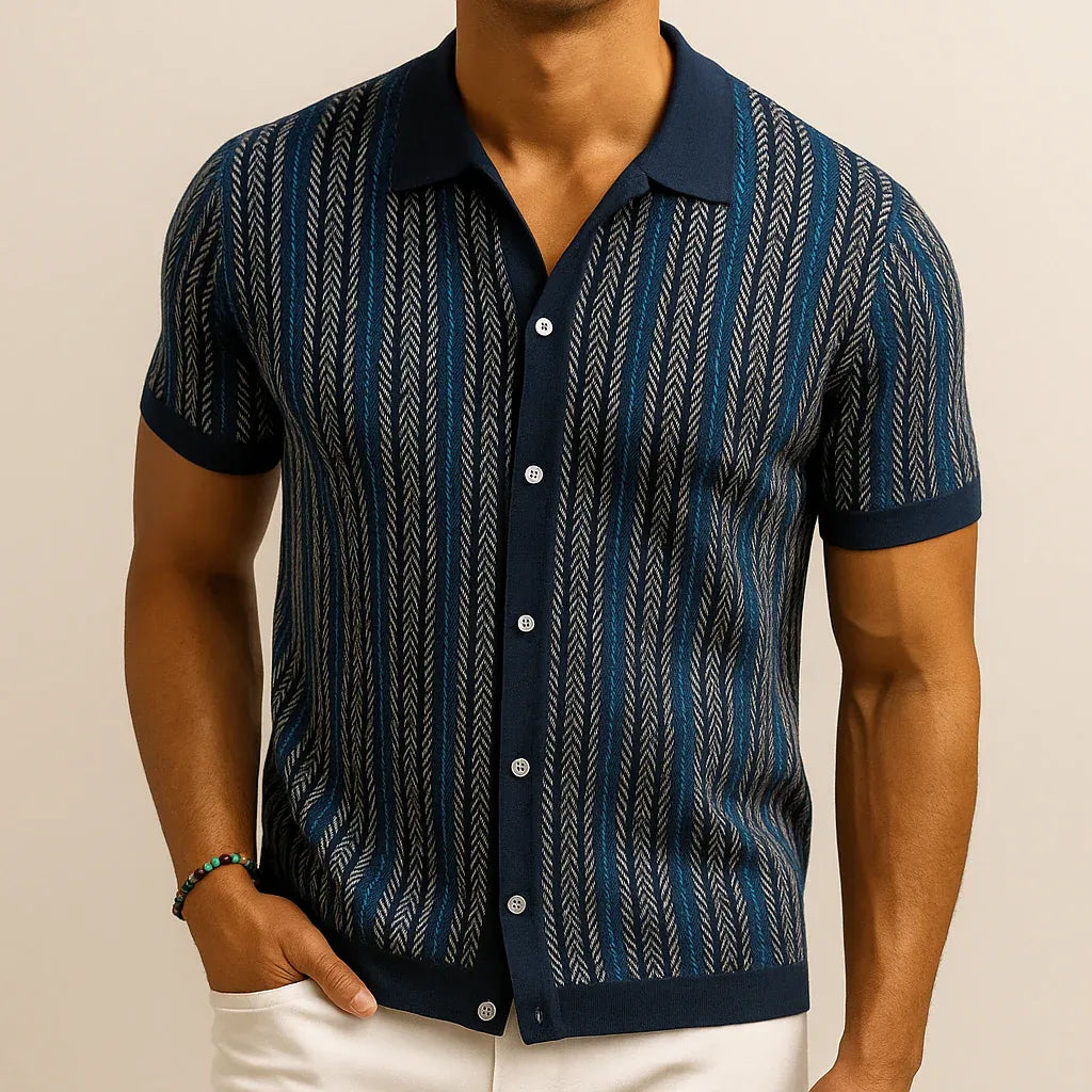 Men’s Striped Button-Front Knit Polo Shirt