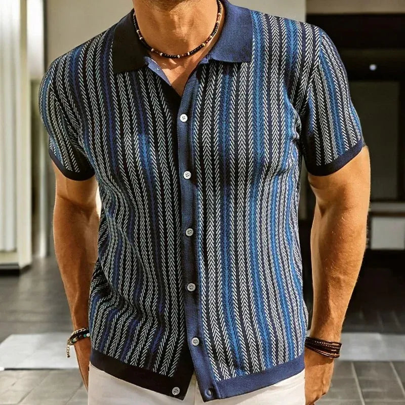 Men’s Striped Button-Front Knit Polo Shirt