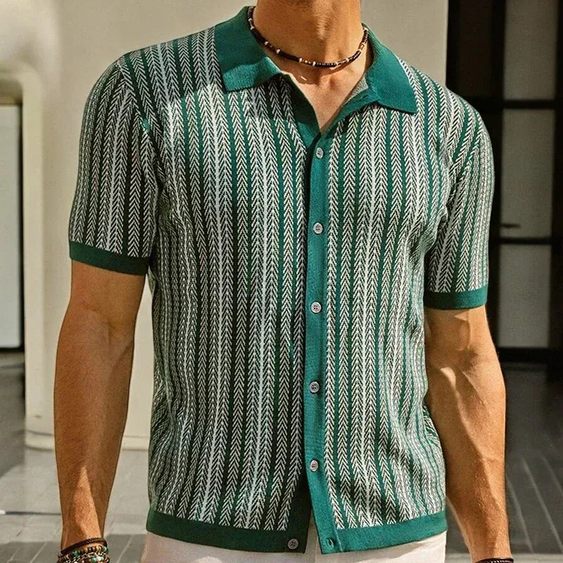 Men’s Striped Button-Front Knit Polo Shirt