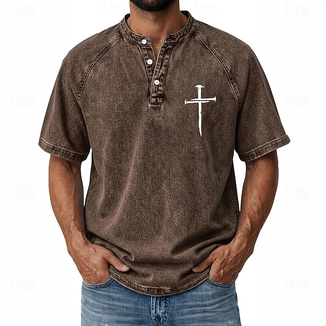 Men's Cross Demin Shirt 100% Cotton Acid Wash Shirt Henley Top Short Sleeve Vintage Casual Distressed Casual Home Street Spring & Summer Fall & Winter Summer Black Pink Light Green Gray Light Blue