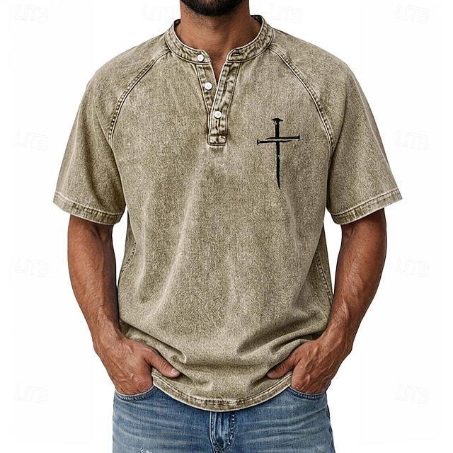 Men's Cross Demin Shirt 100% Cotton Acid Wash Shirt Henley Top Short Sleeve Vintage Casual Distressed Casual Home Street Spring & Summer Fall & Winter Summer Black Pink Light Green Gray Light Blue