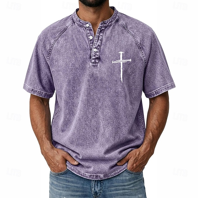 Men's Cross Demin Shirt 100% Cotton Acid Wash Shirt Henley Top Short Sleeve Vintage Casual Distressed Casual Home Street Spring & Summer Fall & Winter Summer Black Pink Light Green Gray Light Blue