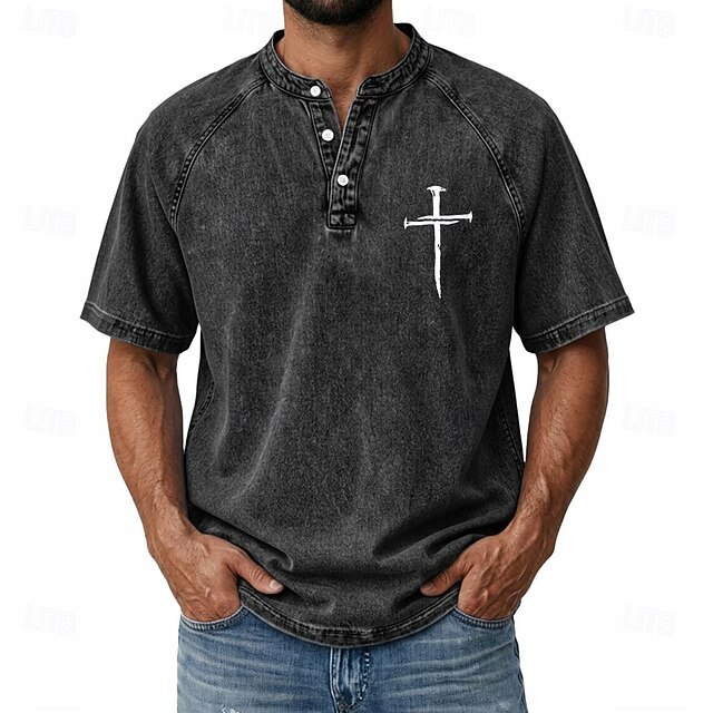 Men's Cross Demin Shirt 100% Cotton Acid Wash Shirt Henley Top Short Sleeve Vintage Casual Distressed Casual Home Street Spring & Summer Fall & Winter Summer Black Pink Light Green Gray Light Blue