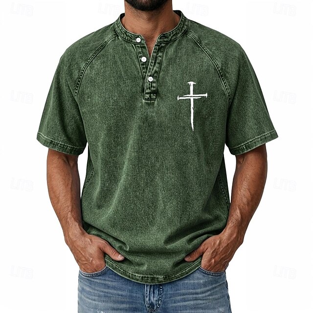 Men's Cross Demin Shirt 100% Cotton Acid Wash Shirt Henley Top Short Sleeve Vintage Casual Distressed Casual Home Street Spring & Summer Fall & Winter Summer Black Pink Light Green Gray Light Blue
