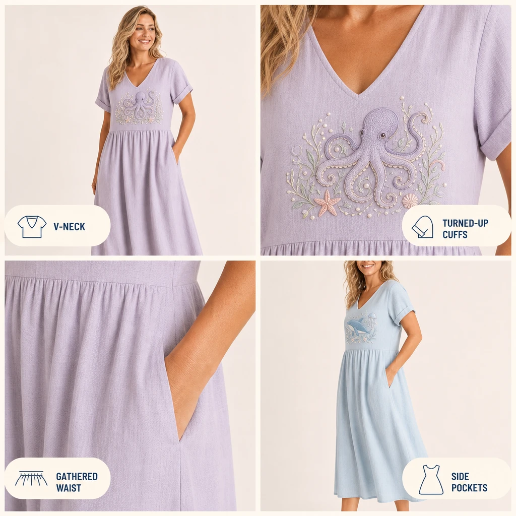 Four-quadrant detail collage showing the V-neck, ocean embroidery, gathered waist, A-line skirt, and side pockets