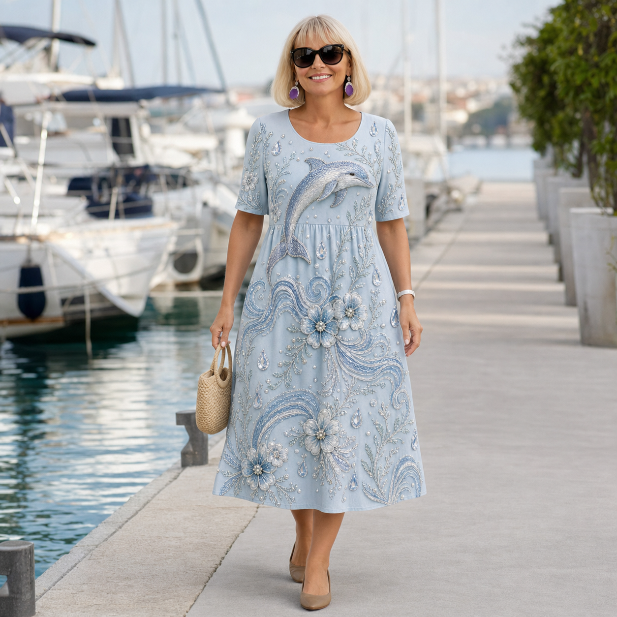 Dolphin Style midi dress on a marina walk