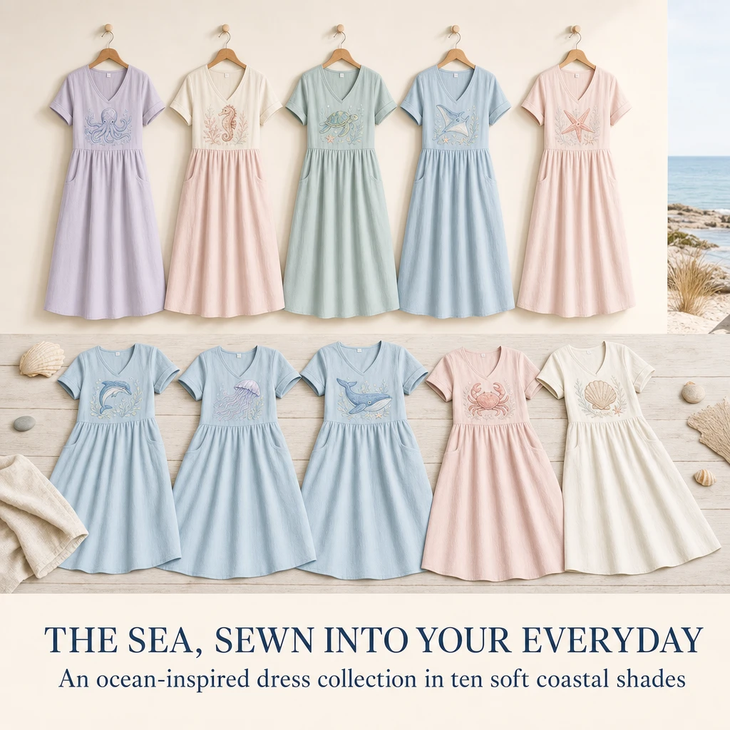 Ten color and embroidery options of the ocean-inspired V-neck midi dress arranged hanging and flat on pale wood