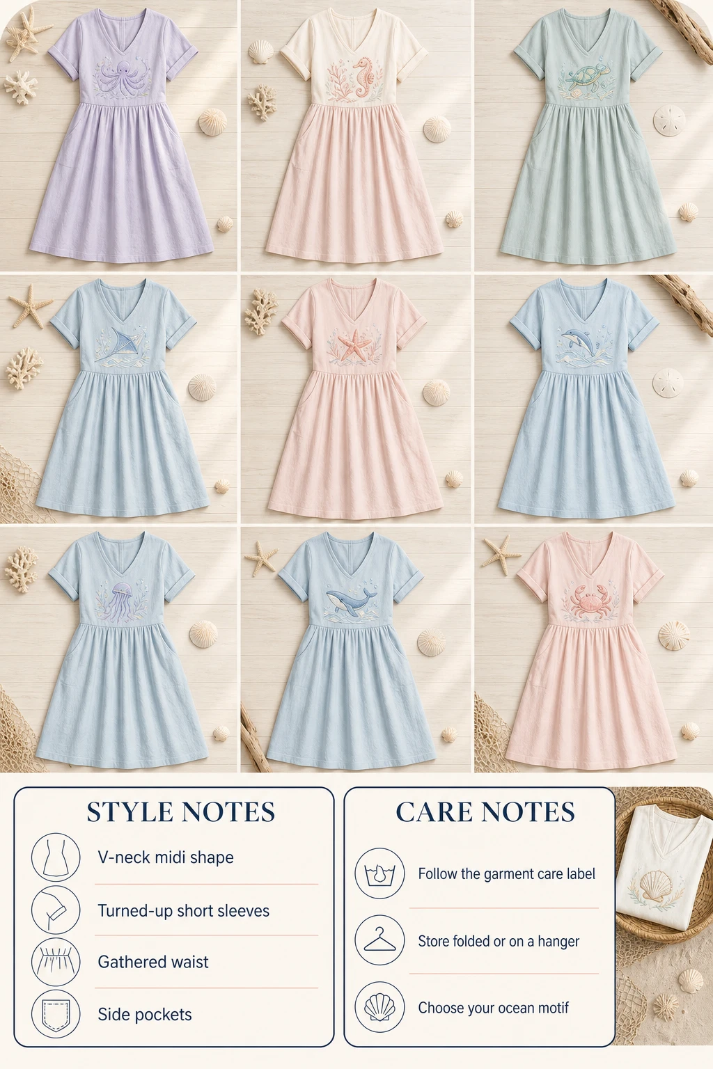 Vertical 3 by 3 flat-lay board showing ocean embroidered midi dress options with style notes and care notes