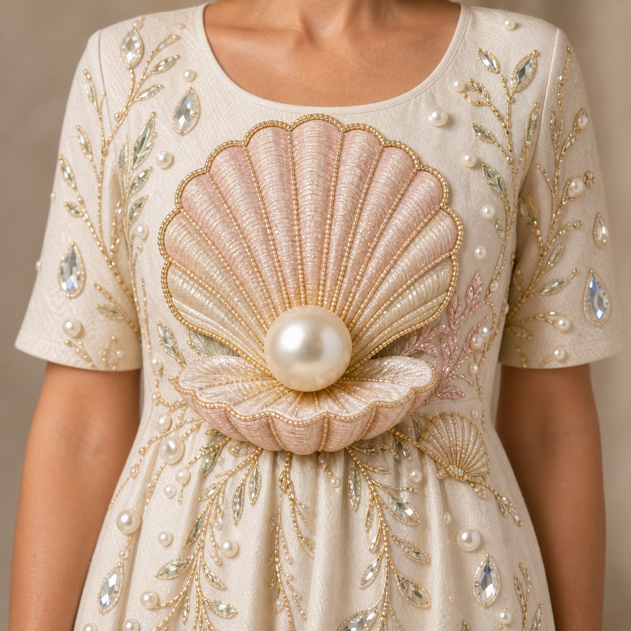 Close-up of the Pearl Shell dress neckline, waist seam and decorative details