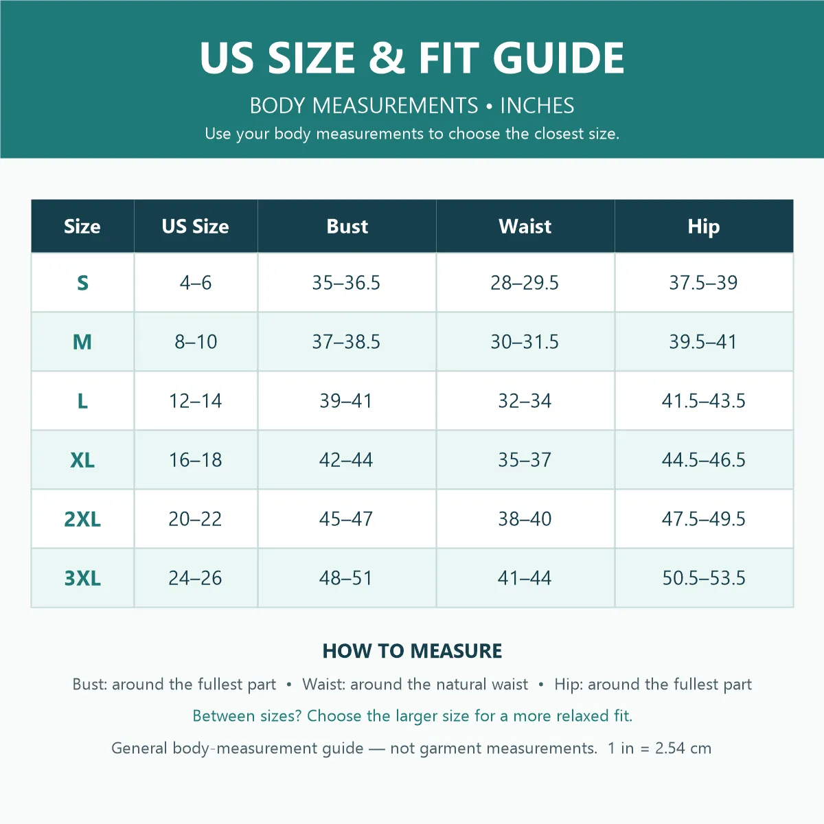 US size and fit guide in inches for sizes S through 3XL