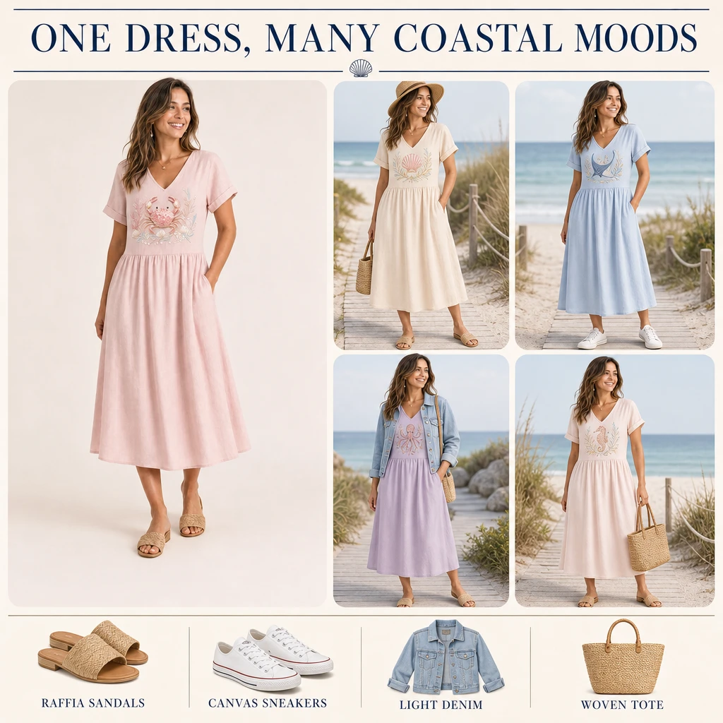 Outfit board showing the blush crab dress and four styling combinations with sandals, sneakers, denim, and a woven tote
