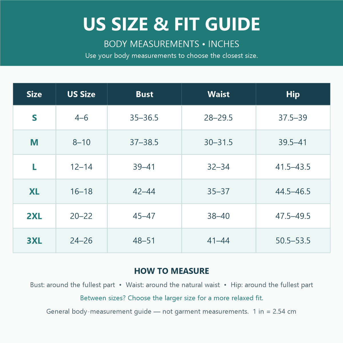 US size and fit guide in inches for sizes S through 3XL