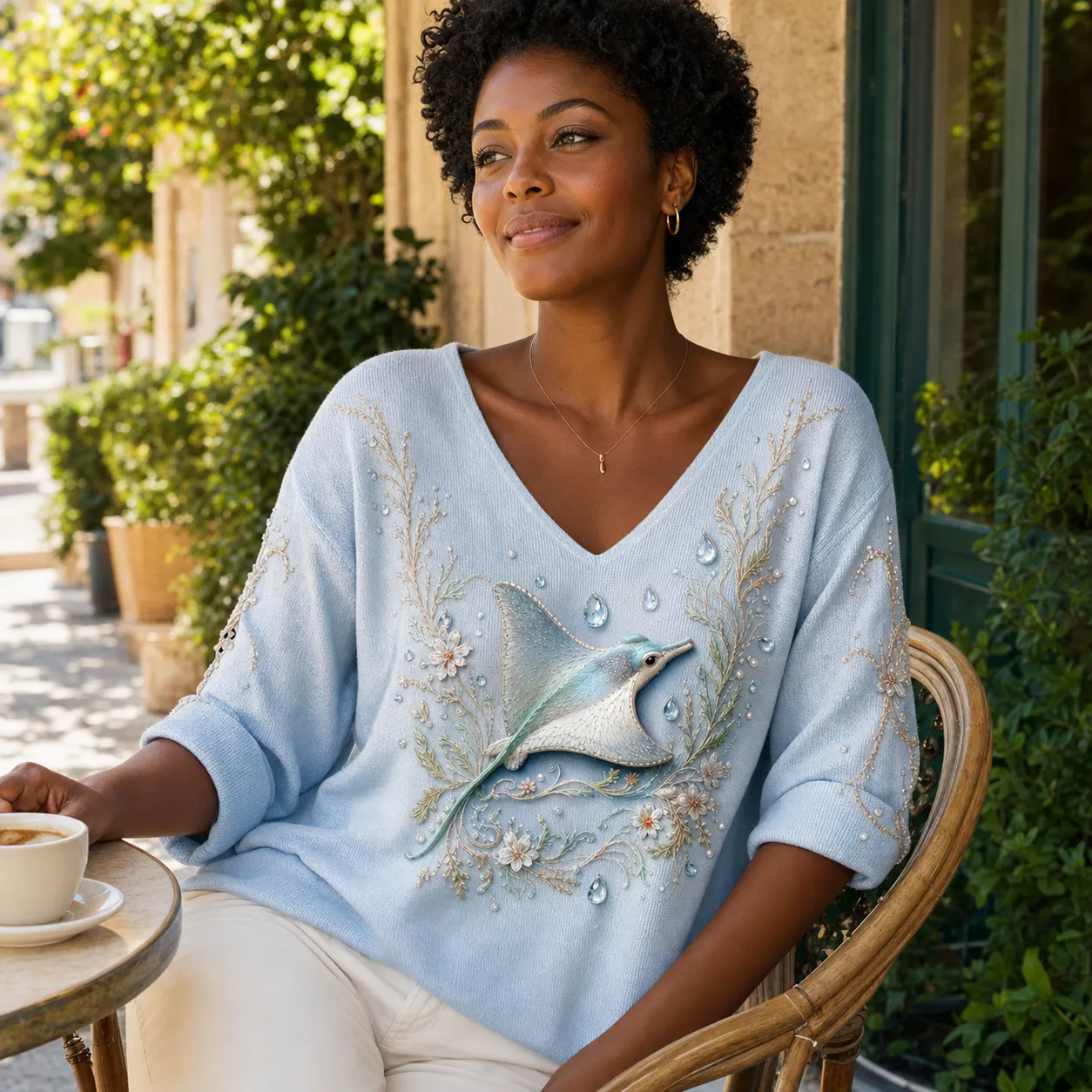 Manta Ray Style worn by a short-curly-haired model at an outdoor café