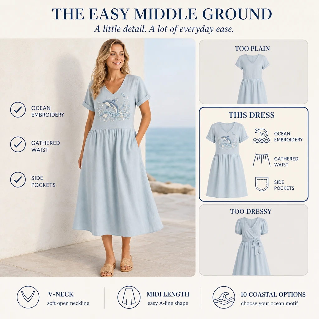 Comparison graphic positioning the ocean embroidered midi dress between a plain everyday dress and a formal dress