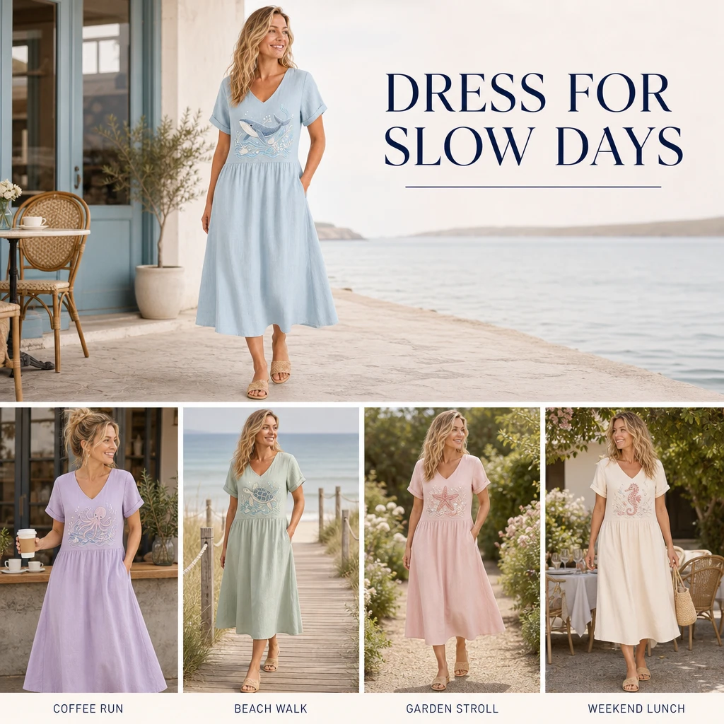 Lifestyle grid showing the embroidered midi dress at a coffee run, beach walk, garden stroll, and weekend lunch