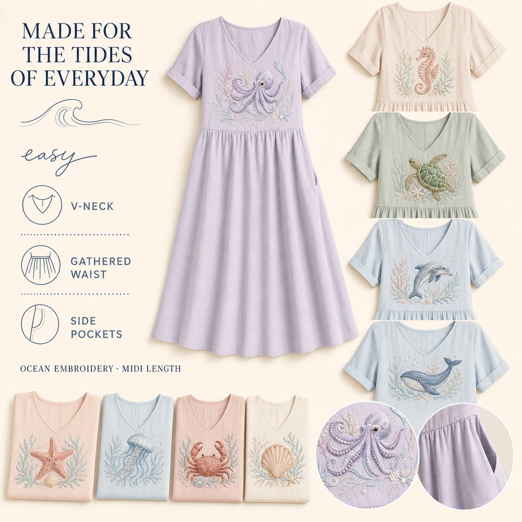 Editorial design story board showing the lilac octopus dress, supporting ocean embroidery options, and construction callouts