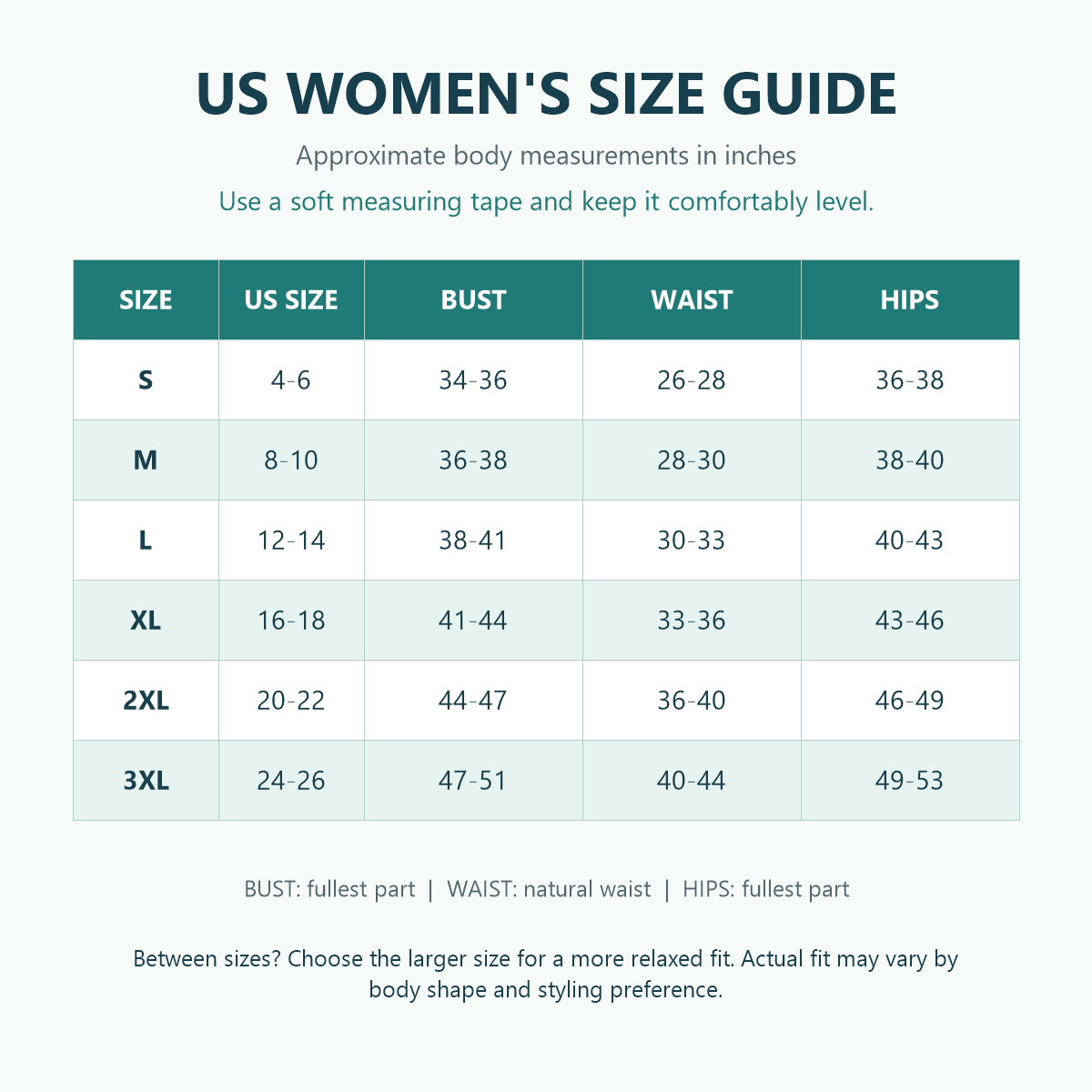 US women's size guide S to 3XL with body measurements in inches