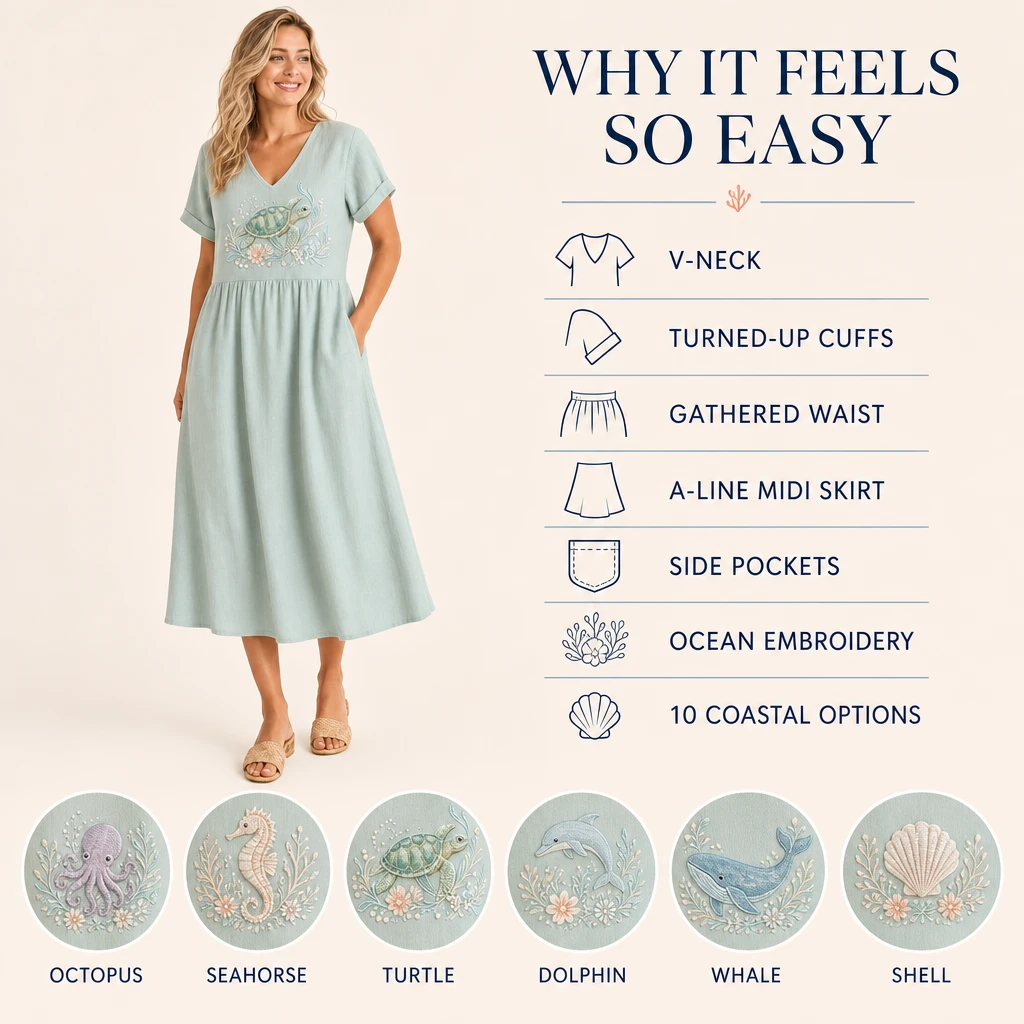 Reasons graphic listing the V-neck, turned-up cuffs, gathered waist, A-line midi skirt, side pockets, ocean embroidery, and ten options