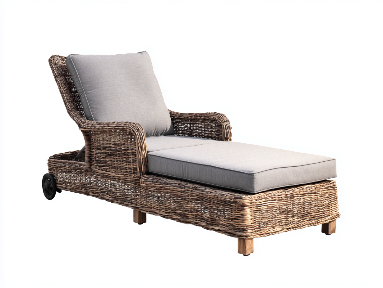 Tumbona de exterior ratán natural con ruedas y cojín gris 190x70x85 cm - ratán natural-gris - diseño clásico para jardín o terraza-Bamboogetpad