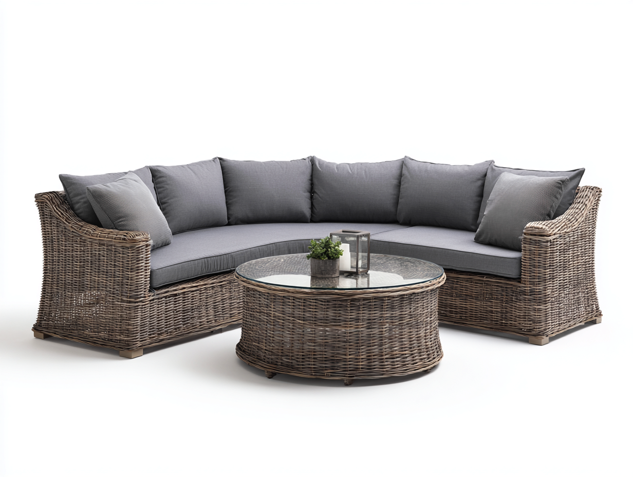 Sofás de jardín conjunto ratán sintético con mesa centro vidrio para terraza 245x185x82 cm - gris - diseño natural-Bamboogetpad