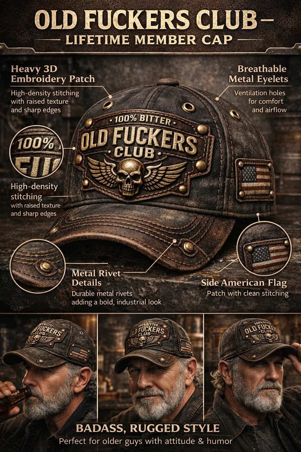 ❤️Old Fuckers Club-Handmade leather Vintage Baseball Cap🎁-BUY 3 FREE SHIPPING