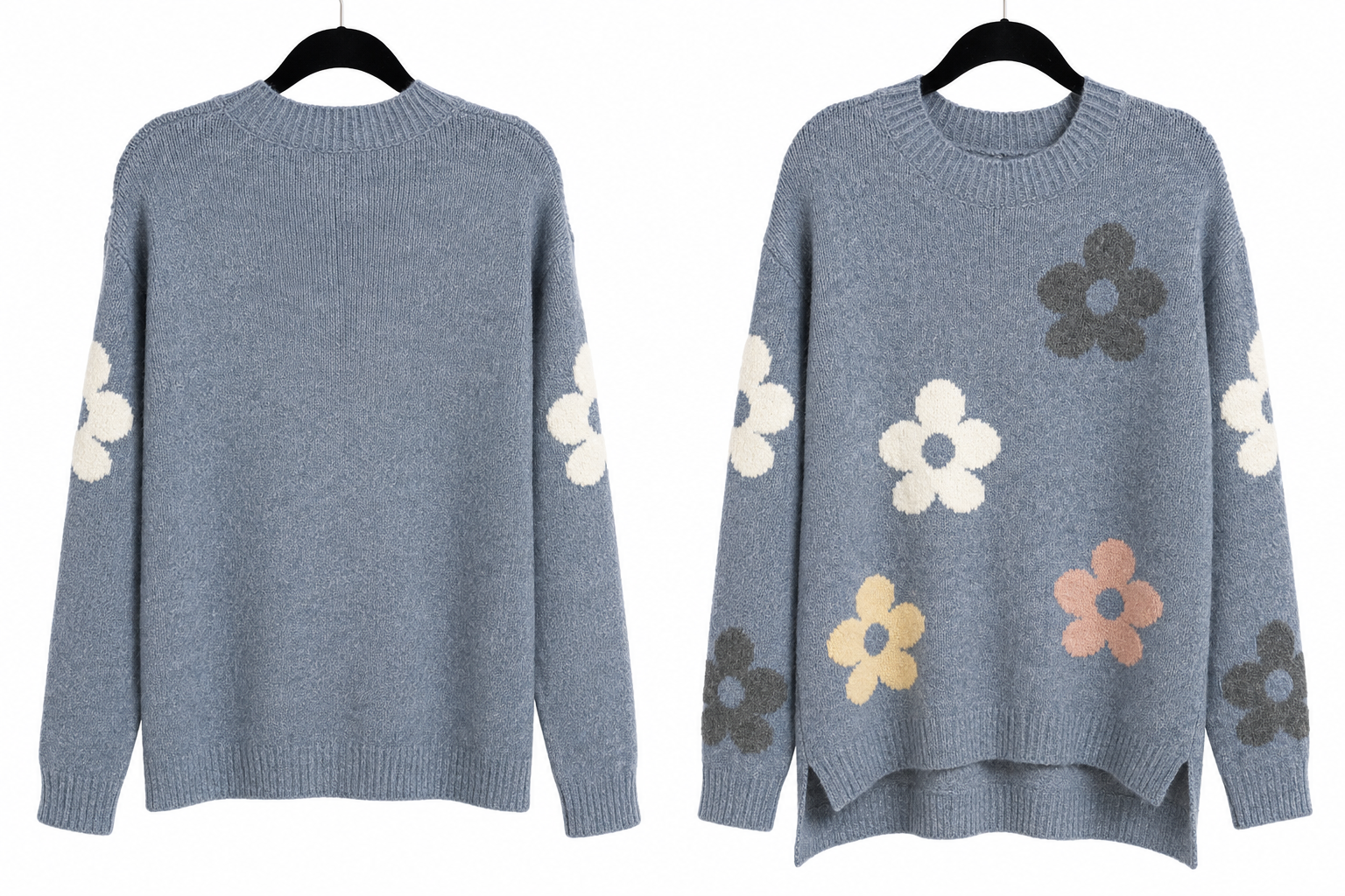 Daisy Floral Blue Step Hem Sweater