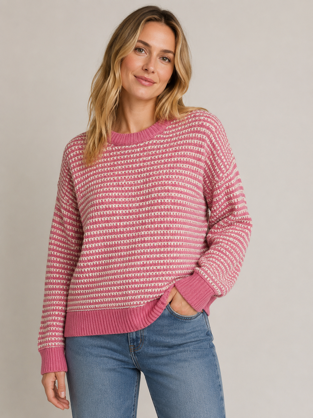 Two Tone Waffle Weave Striped Pull Over Sweater