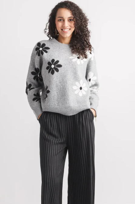 Gray Daisy Knit Intarsia Sweater