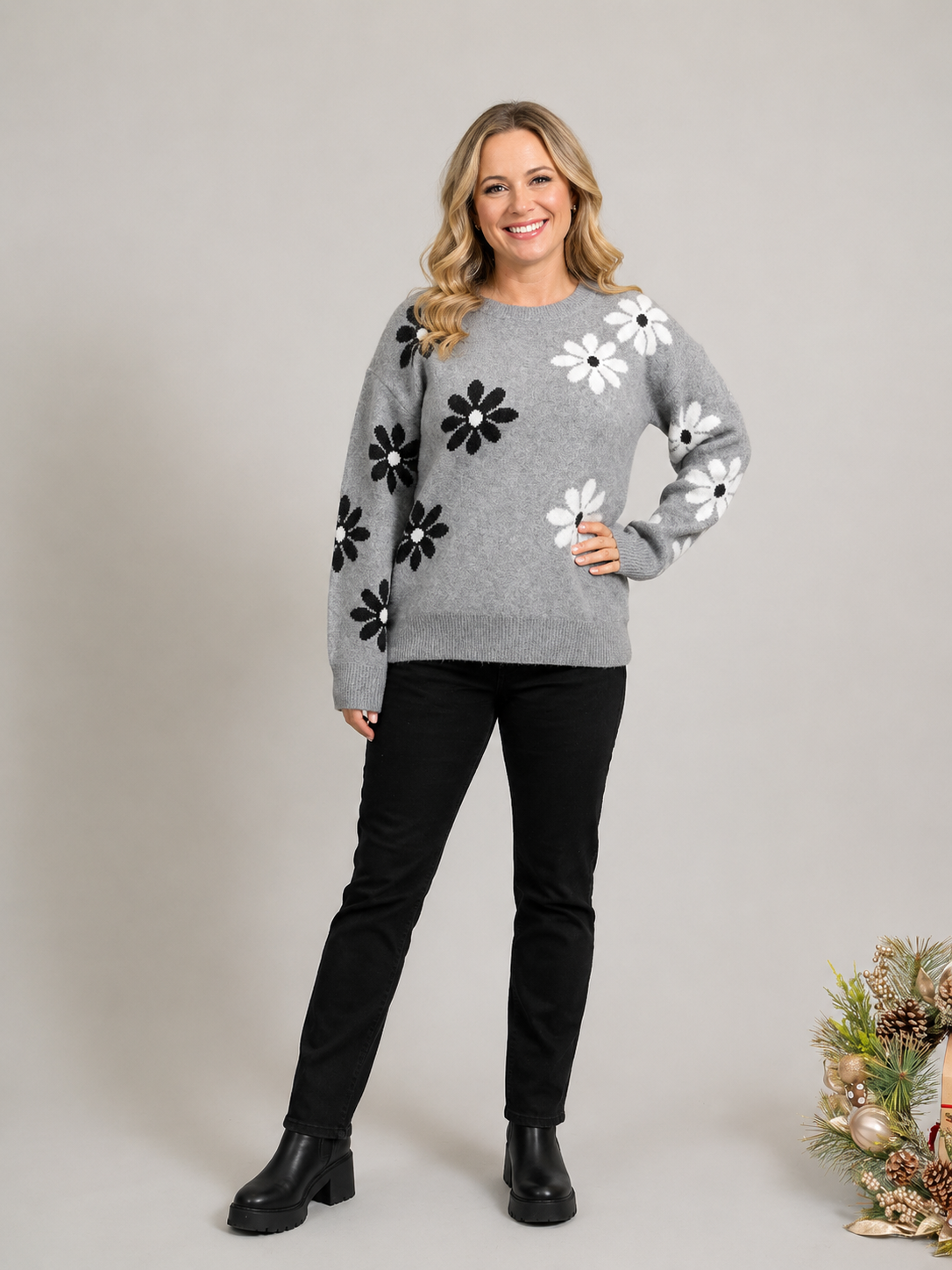 Gray Daisy Knit Intarsia Sweater