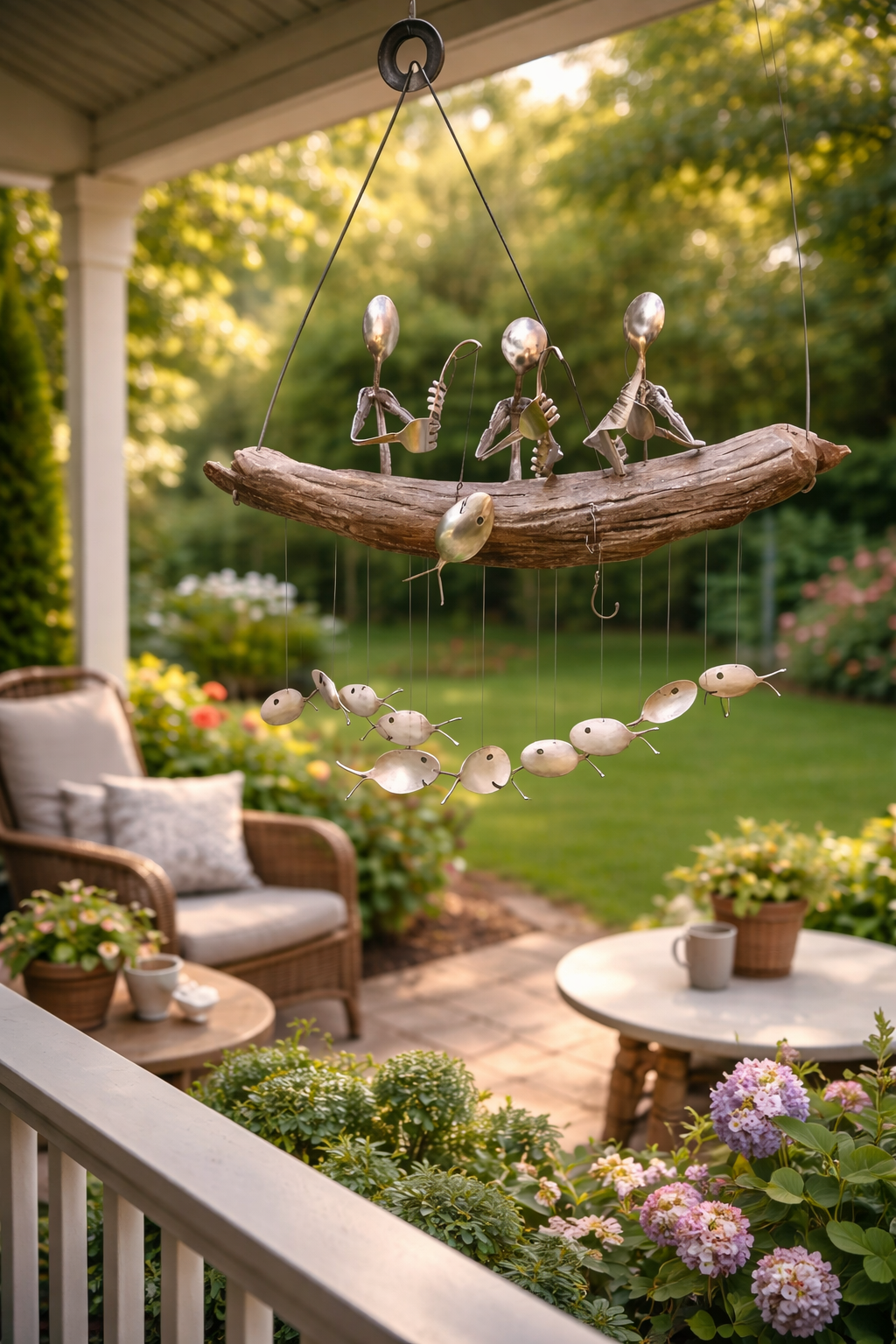 ❤️Handmade Fishing Man Spoon Fish Sculpture Wind Chime