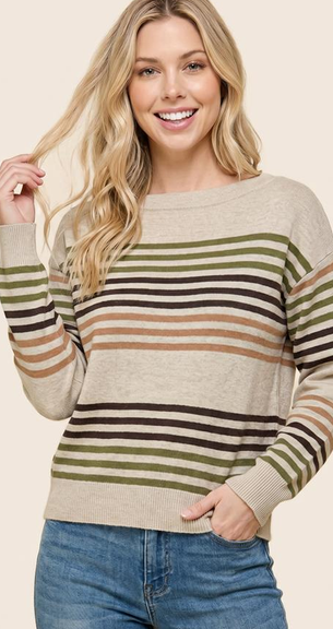 Multicolor Stripe Boat Neck Pullover 