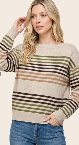 Multicolor Stripe Boat Neck Pullover 