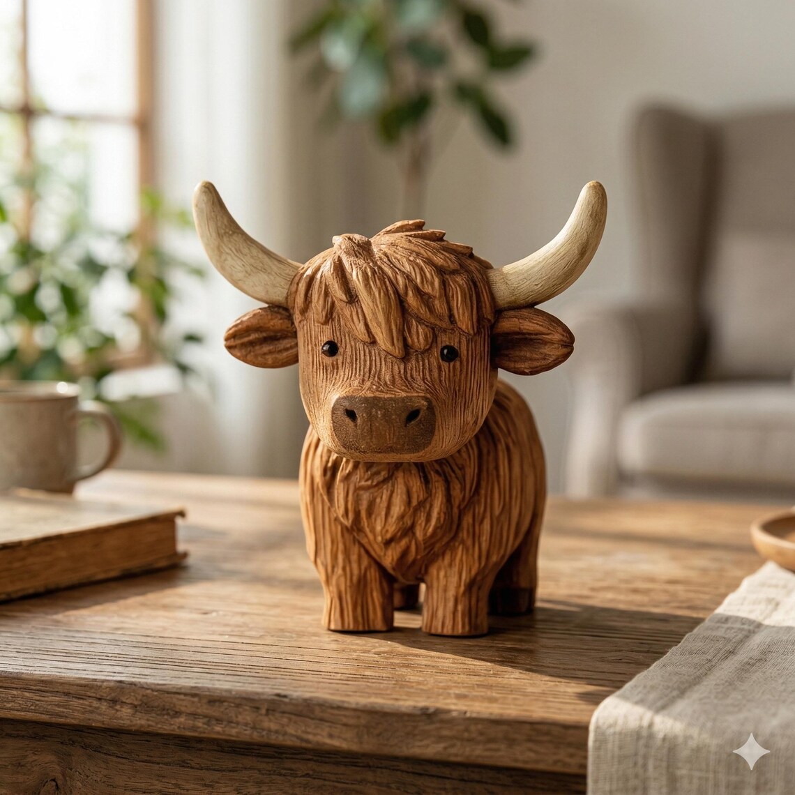 Wooden Highland Cow Figurine - Farmhouse Decor & Unique Gift🎁 (3.5")